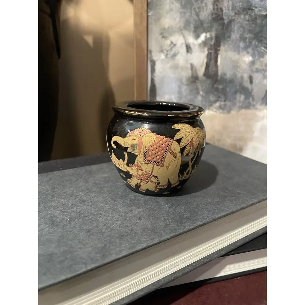 Black Ceramic Mini Vase Bonsai Pot with Elephants Oriental Decor Black Decor